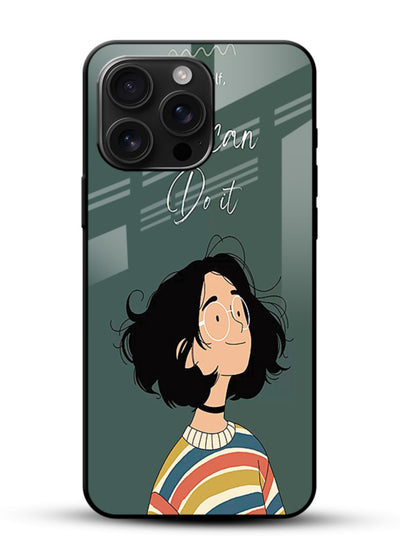 Confident girl illustration printed on glossy vibrant premium glass back cover with bright tones. - Angle Front