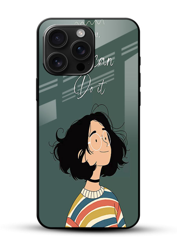 Confident girl illustration printed on glossy vibrant premium glass back cover with bright tones. - Angle Front