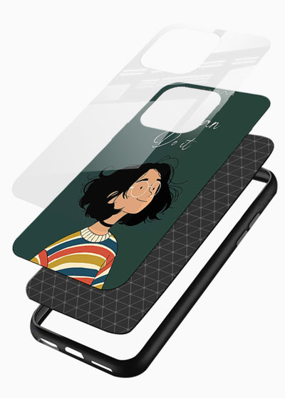 Confident girl illustration printed on glossy vibrant premium glass back cover with bright tones. - Angle Layers