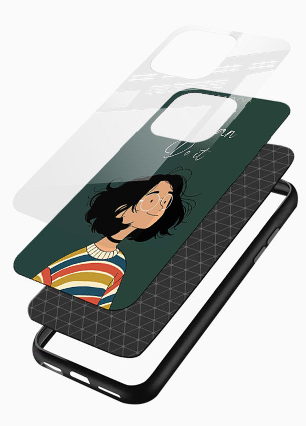 Confident girl illustration printed on glossy vibrant premium glass back cover with bright tones. - Angle Layers