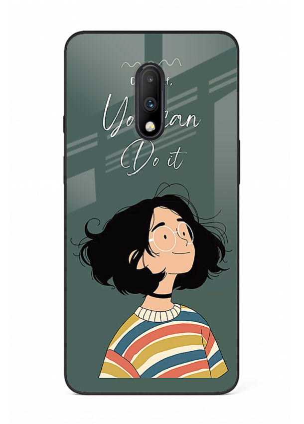 Confident girl illustration printed on OnePlus 7 glass back cover with bright tones.