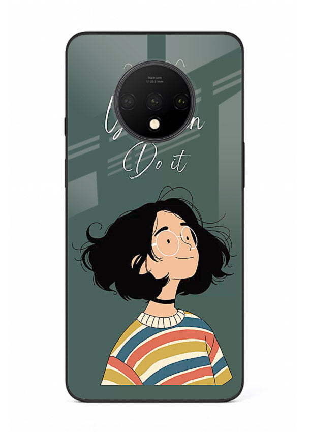Confident girl illustration printed on OnePlus 7T glass back cover with bright tones.