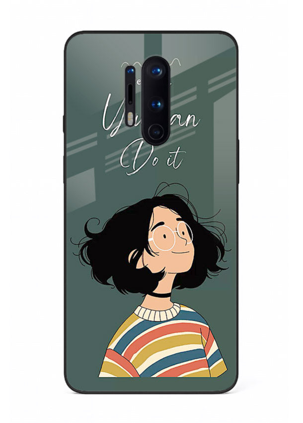Confident girl illustration printed on OnePlus 8 Pro glass back cover with bright tones.