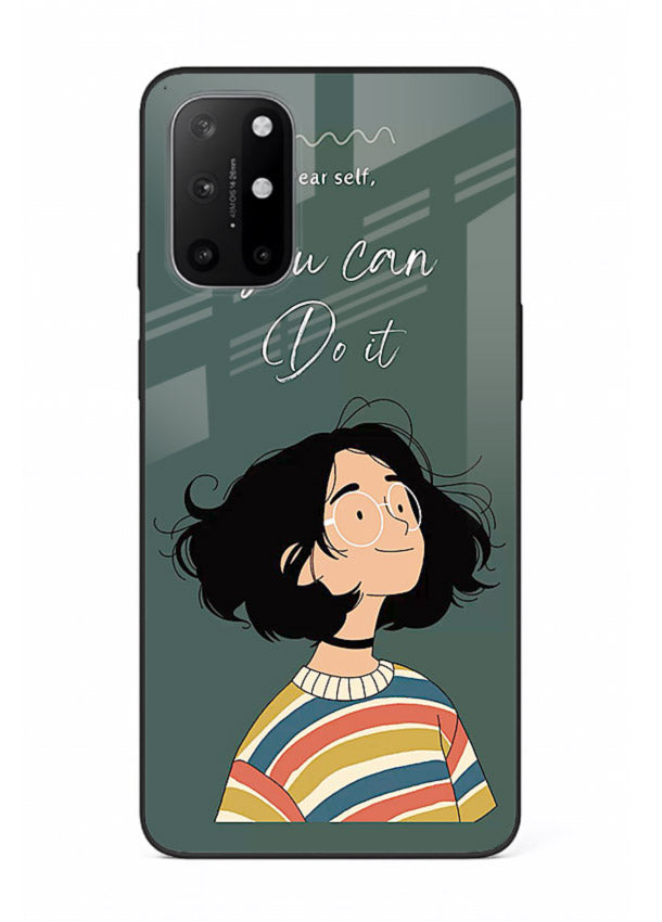 Confident girl illustration printed on OnePlus 8T glass back cover with bright tones.