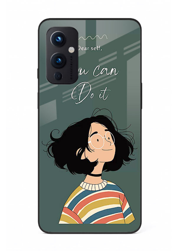 Confident girl illustration printed on OnePlus 9 Pro glass back cover with bright tones.