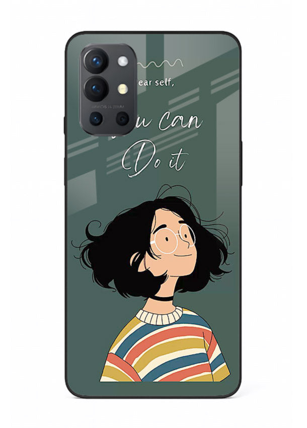 Confident girl illustration printed on OnePlus 9R glass back cover with bright tones.