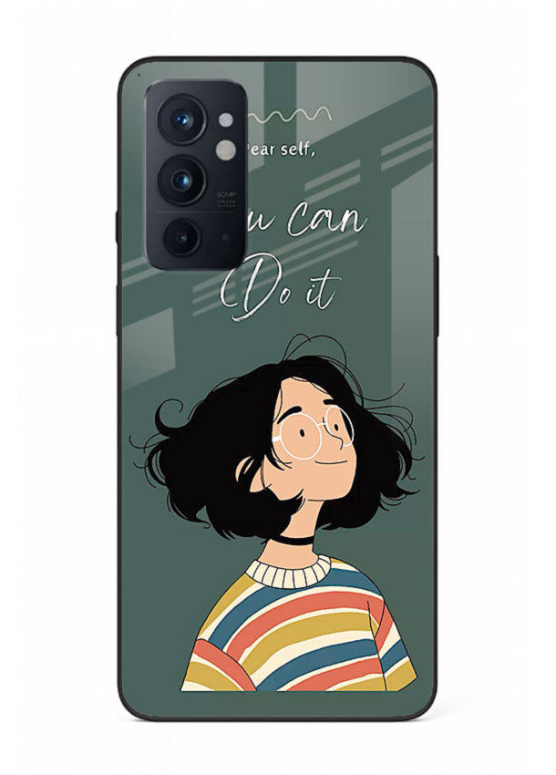 Confident girl illustration printed on OnePlus 9RT glass back cover with bright tones.
