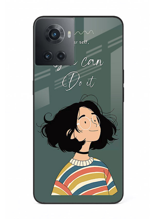 Confident girl illustration printed on OnePlus 10R glass back cover with bright tones.