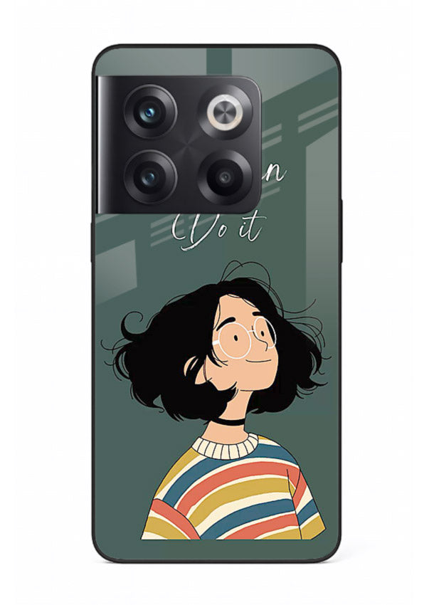 Confident girl illustration printed on OnePlus 10T glass back cover with bright tones.