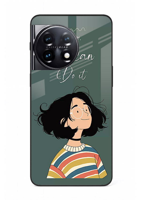 Confident girl illustration printed on OnePlus 11 glass back cover with bright tones.