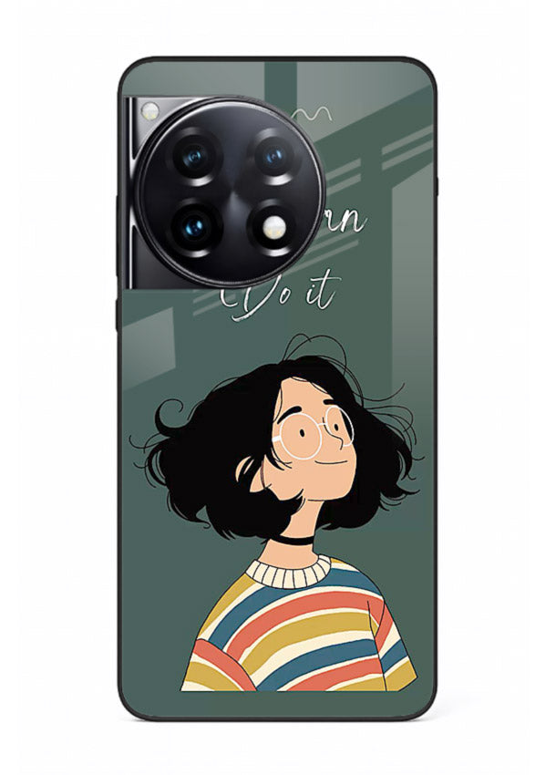 Confident girl illustration printed on OnePlus 12R glass back cover with bright tones.