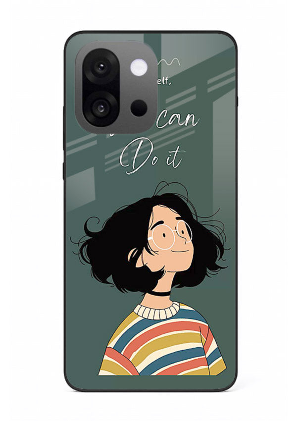 Confident girl illustration printed on OnePlus 13s glass back cover with bright tones.