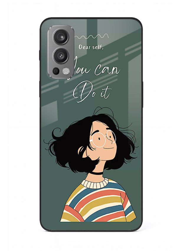 Confident girl illustration printed on OnePlus Nord 2 glass back cover with bright tones.