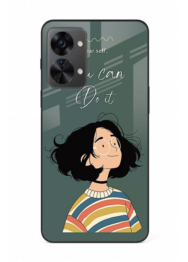 Confident girl illustration printed on OnePlus Nord 2T glass back cover with bright tones.