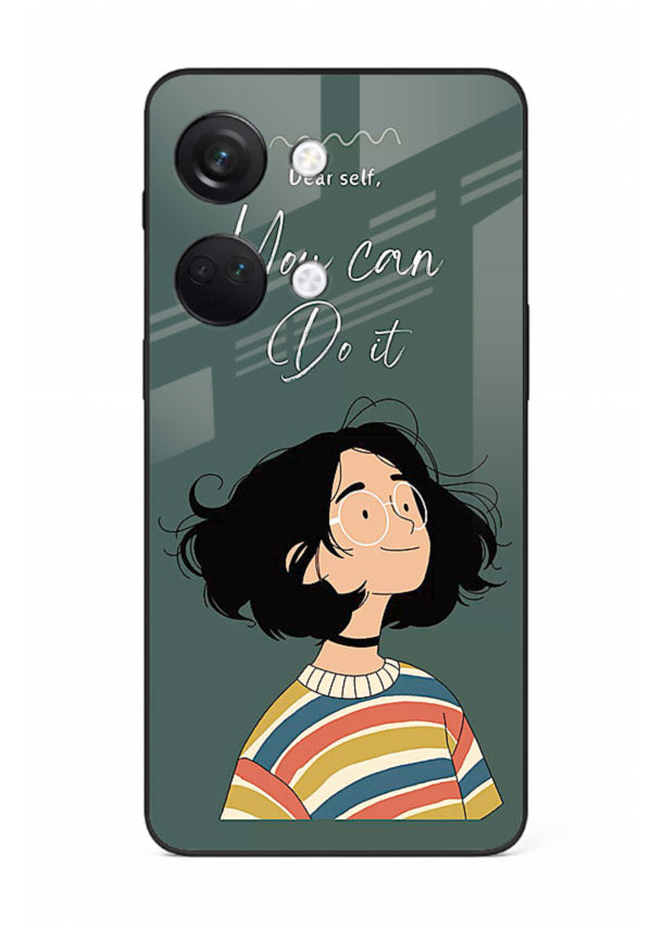 Confident girl illustration printed on OnePlus Nord 3 glass back cover with bright tones.
