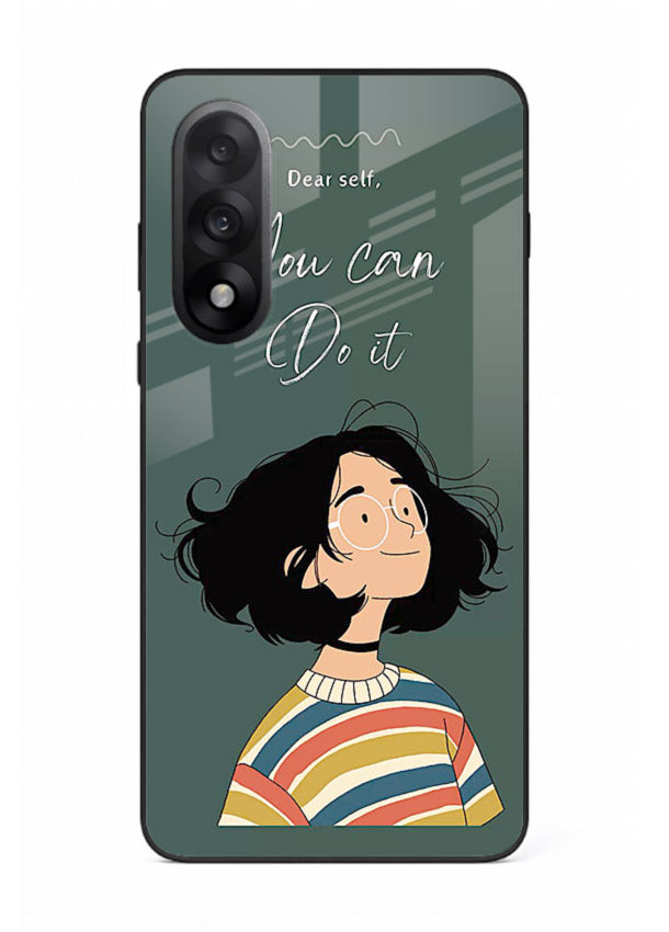 Confident girl illustration printed on OnePlus Nord 5 glass back cover with bright tones.