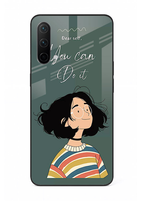 Confident girl illustration printed on OnePlus Nord CE 5G glass back cover with bright tones.