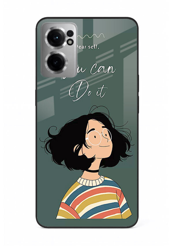 Confident girl illustration printed on OnePlus Nord CE2 5G glass back cover with bright tones.