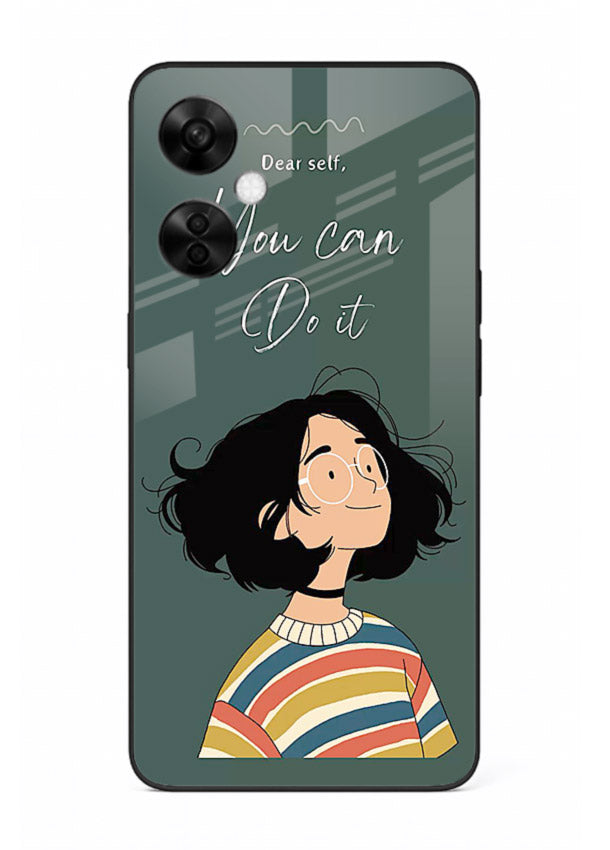 Confident girl illustration printed on OnePlus Nord CE3 Lite glass back cover with bright tones.