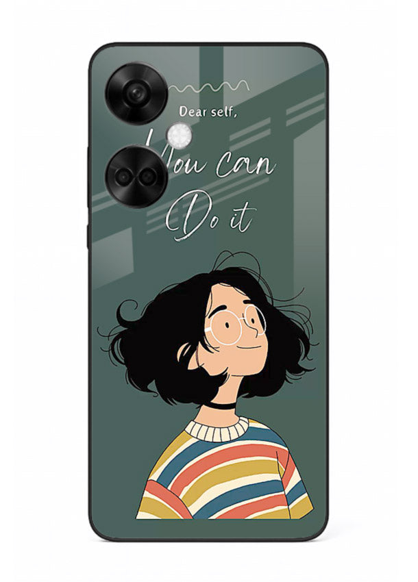 Confident girl illustration printed on OnePlus Nord CE3 glass back cover with bright tones.