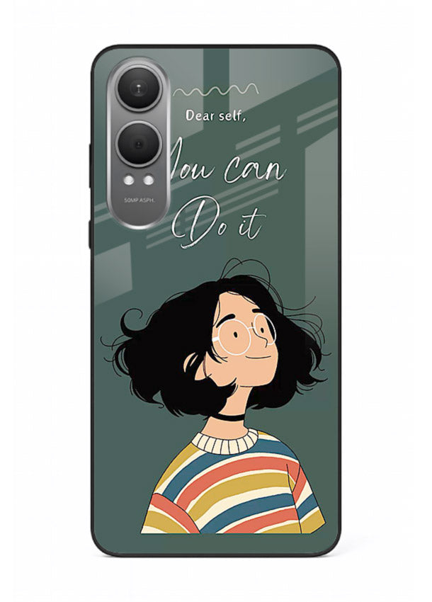 Confident girl illustration printed on OnePlus Nord CE4 Lite glass back cover with bright tones.