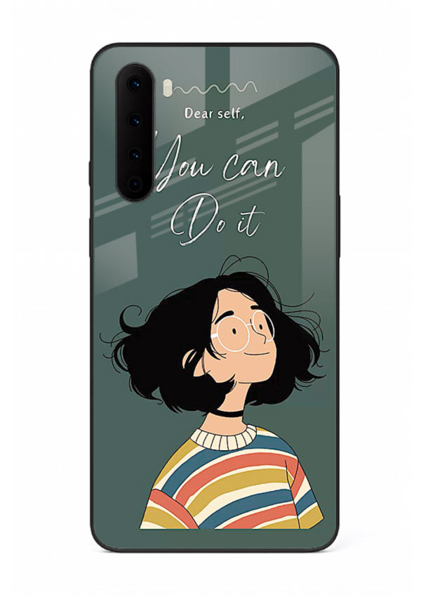 Confident girl illustration printed on OnePlus Nord glass back cover with bright tones.