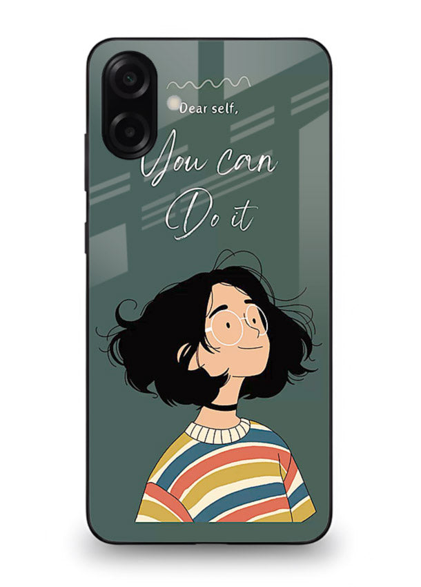 Confident girl illustration printed on Samsung M13 5G glass back cover with bright tones.