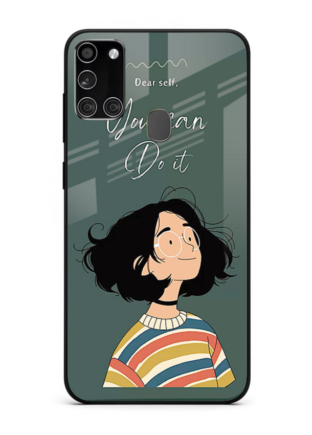 Confident girl illustration printed on Samsung A21s glass back cover with bright tones.
