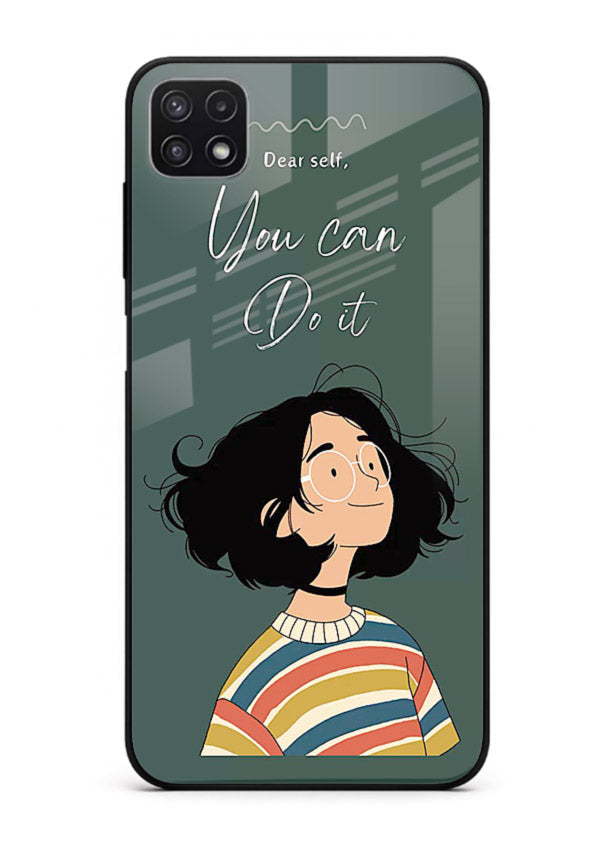 Confident girl illustration printed on Samsung A22 5G glass back cover with bright tones.