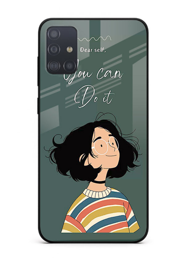 Confident girl illustration printed on Samsung A51 glass back cover with bright tones.
