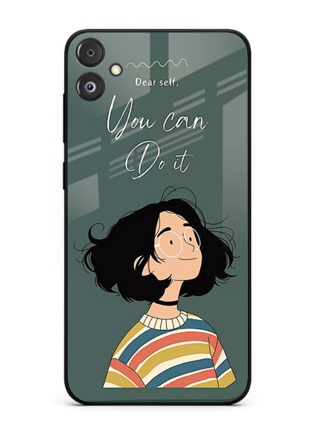 Confident girl illustration printed on Samsung F05 5G glass back cover with bright tones.