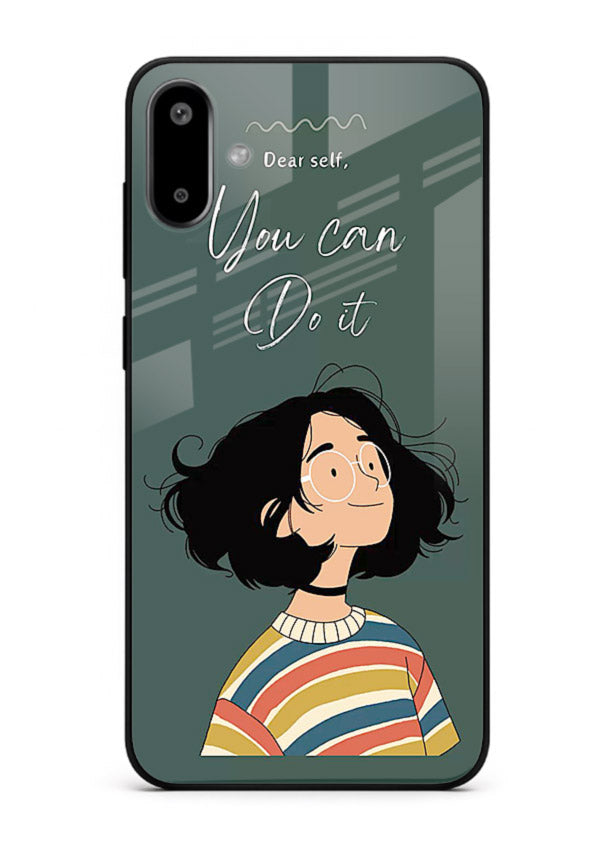 Confident girl illustration printed on Samsung F06 5G glass back cover with bright tones.