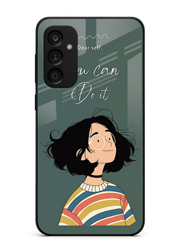 Confident girl illustration printed on Samsung F55 5G glass back cover with bright tones.