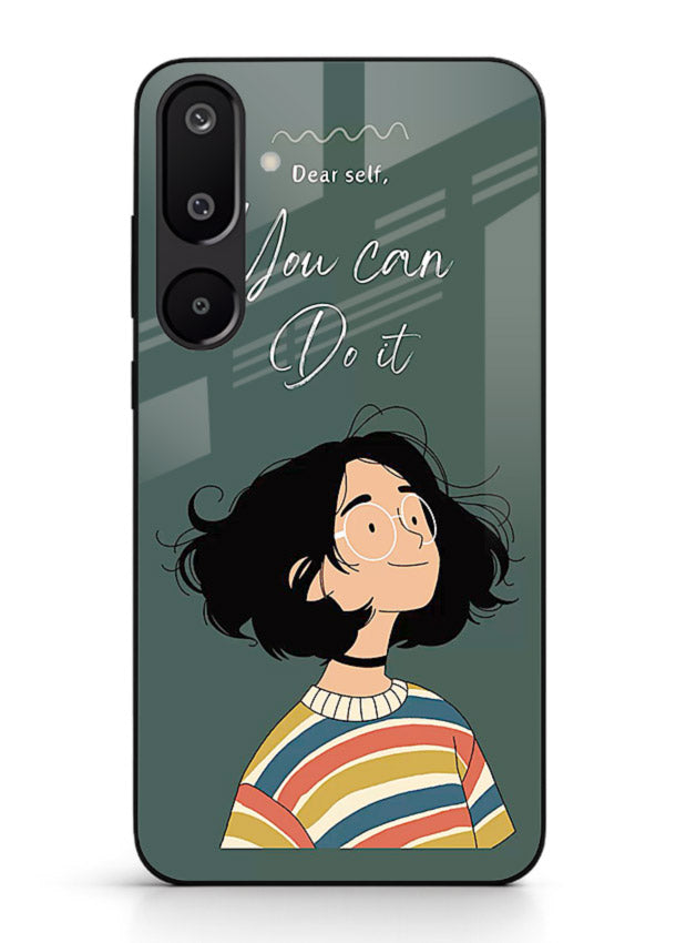 Confident girl illustration printed on Samsung F16 5G glass back cover with bright tones.