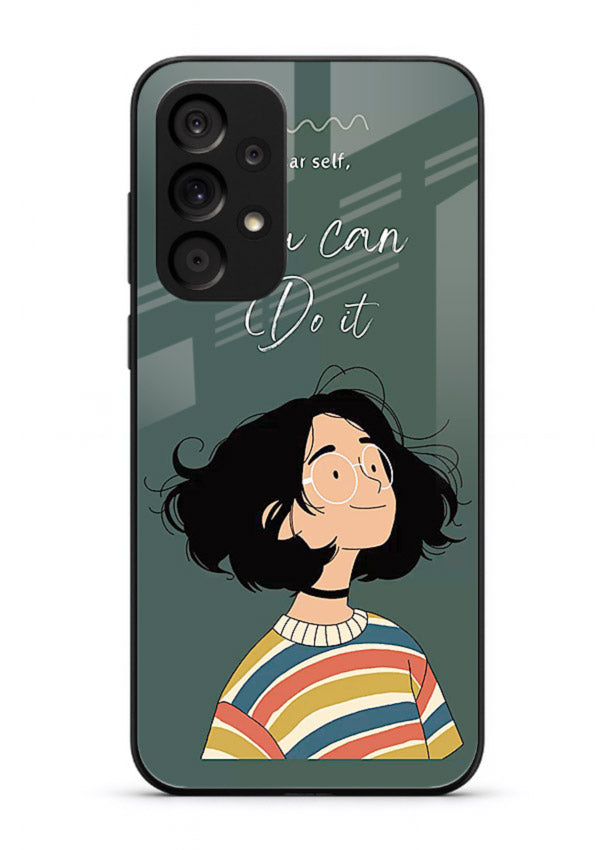 Confident girl illustration printed on Samsung A33 5G glass back cover with bright tones.