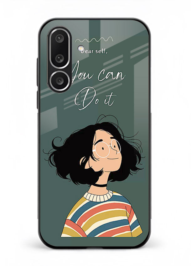 Confident girl illustration printed on Samsung F56 5G glass back cover with bright tones.