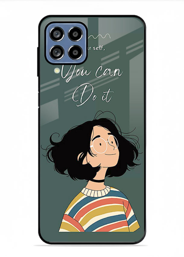 Confident girl illustration printed on Samsung M33 5G glass back cover with bright tones.