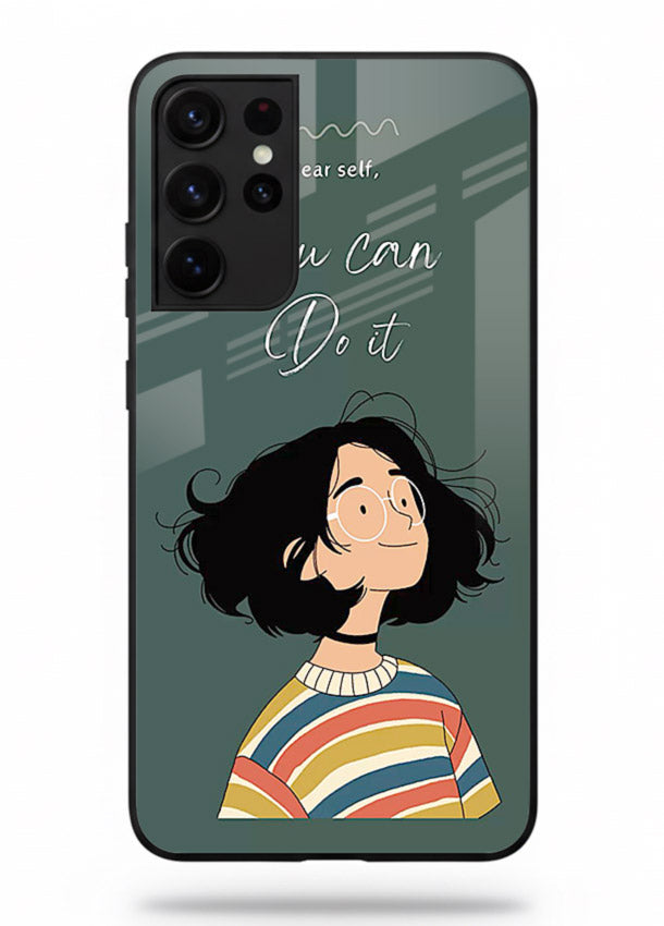 Confident girl illustration printed on Samsung S21 Ultra glass back cover with bright tones.