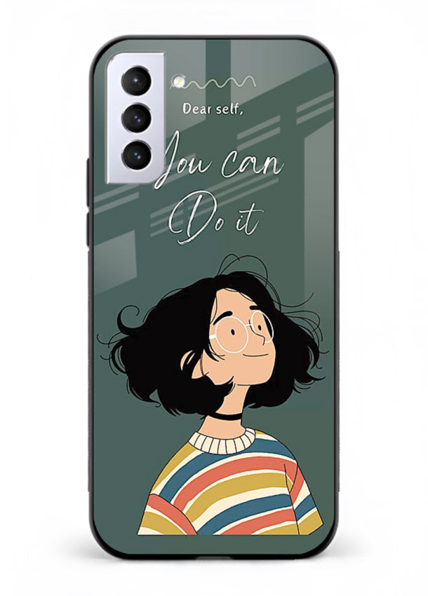 Confident girl illustration printed on Samsung S21 FE glass back cover with bright tones.
