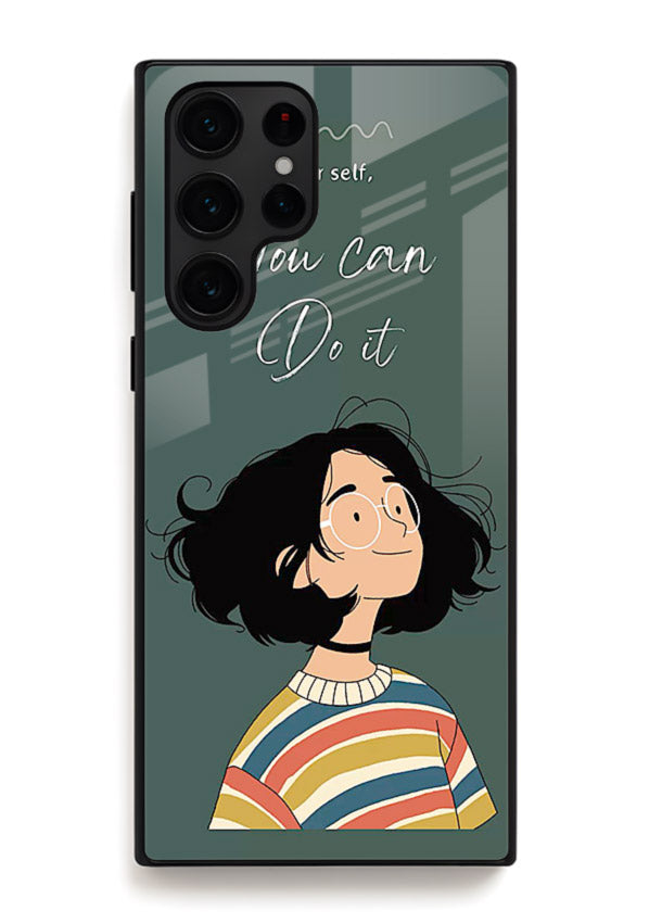 Confident girl illustration printed on Samsung S25 Ultra glass back cover with bright tones.