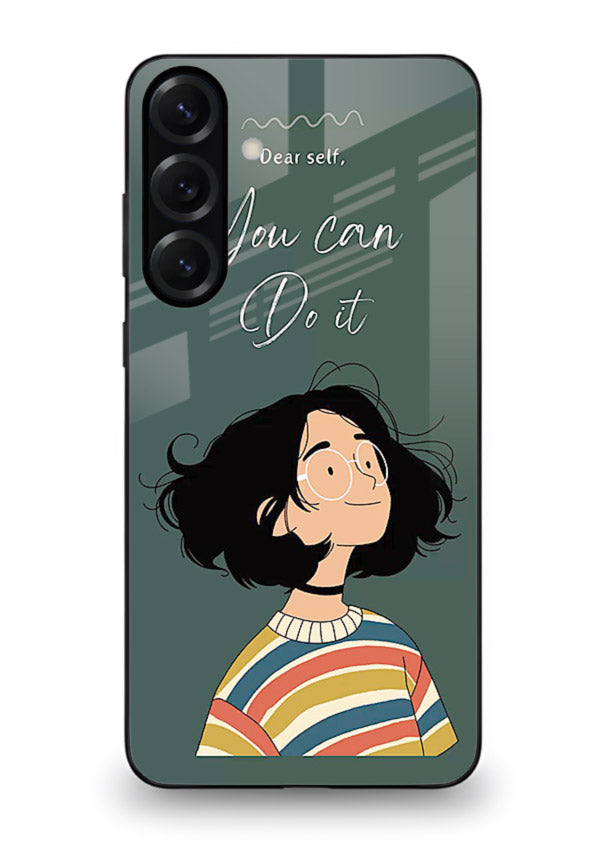 Confident girl illustration printed on Samsung A25 5G glass back cover with bright tones.