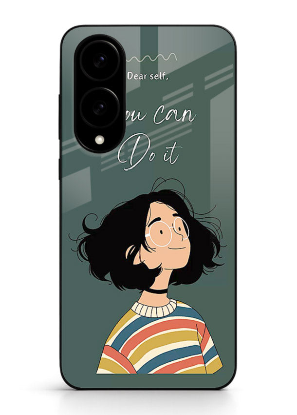 Confident girl illustration printed on Samsung S25 Edge glass back cover with bright tones.