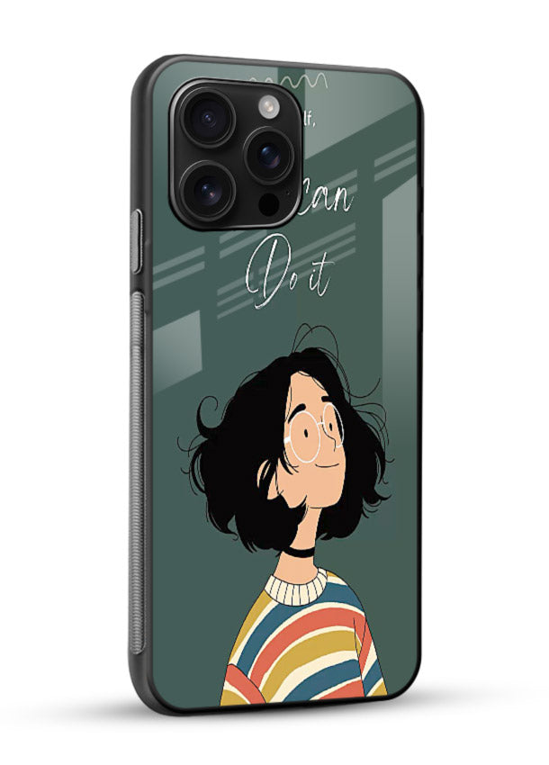 Confident girl illustration printed on glossy vibrant premium glass back cover with bright tones. - Angle Side