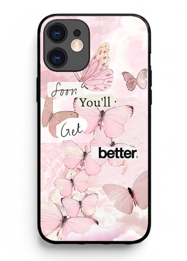 Healing butterfly artwork printed on iphone 12 mini glass back cover with warm pastel tones.