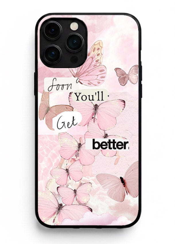 Healing butterfly artwork printed on iphone 11 pro max glass back cover with warm pastel tones.