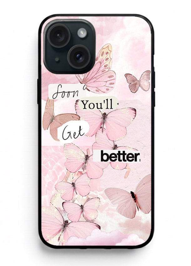 Healing butterfly artwork printed on iphone 14 plus glass back cover with warm pastel tones.