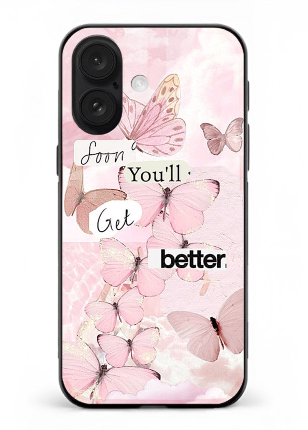 Healing butterfly artwork printed on iphone 18 glass back cover with warm pastel tones.