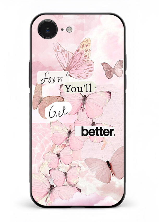 Healing butterfly artwork printed on iphone 16e glass back cover with warm pastel tones.