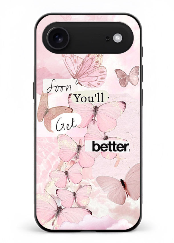 Healing butterfly artwork printed on iphone 17 air glass back cover with warm pastel tones.