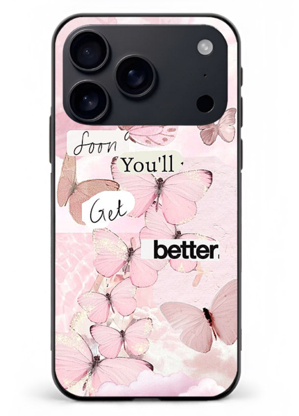 Healing butterfly artwork printed on iphone 17 pro max glass back cover with warm pastel tones.